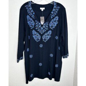 J. Jill Shirt Womens 2X Navy Blue Embroidered Tunic 3/4 Sleeve Split Neck Floral